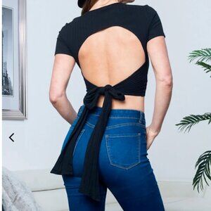 NEW Sexy Short Sleeve Rib Knit Cutout open Tie back Black Crop Top Summer Y2K